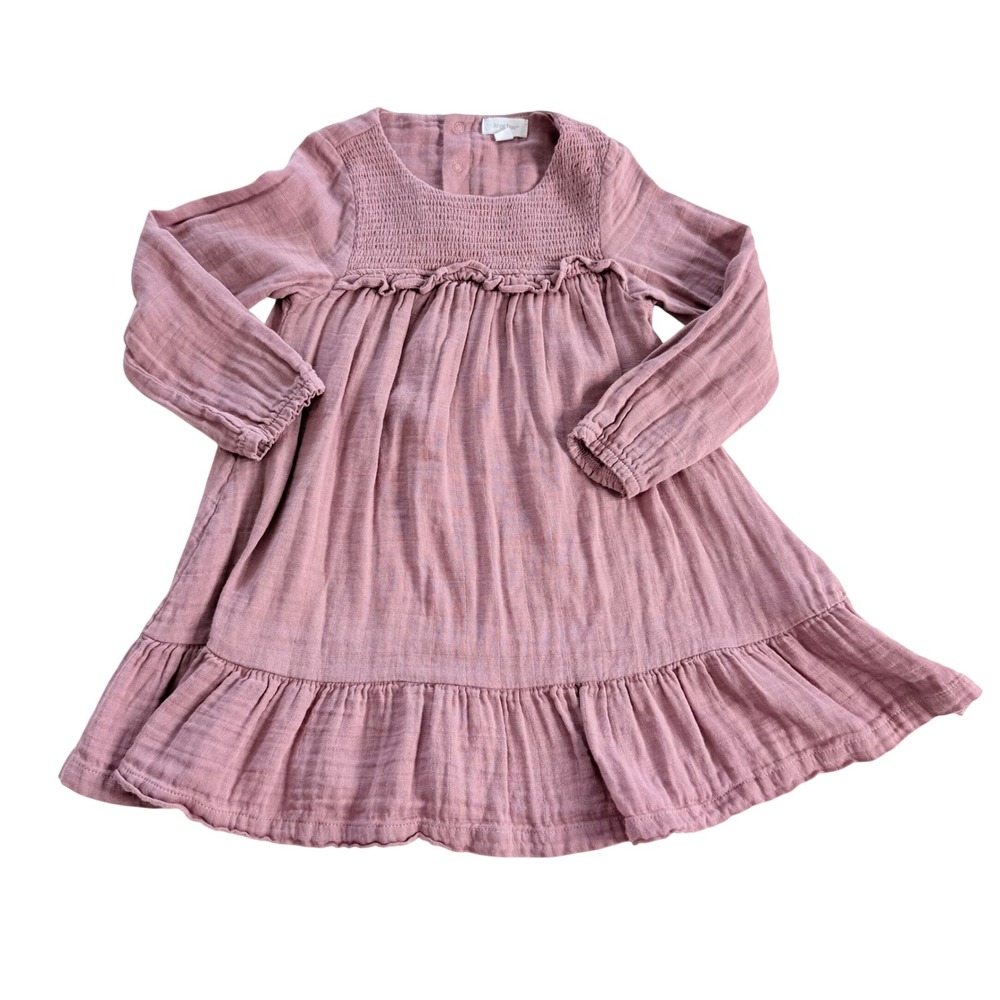 Angel Dear Dress Kids 4T Pink Organic Cotton Muslin Smocked Ruffle Long Sleeve